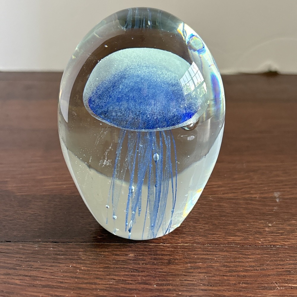4" Blue Jellyfish Bubble Glass Art Glass Paperweight